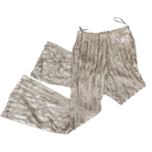 F21 Disco Sequine Bell Bottom Pants-M-Gold Silver Sparkle-Rave-70s-Halloween-NWT - Picture 6 of 13